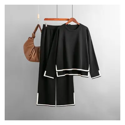 (black, OneSize) Autumn Winter Contrast Color Open Fork Full Sleeve Knit Suit High Waist Wide Le