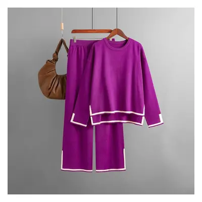 (purple, OneSize) Autumn Winter Contrast Color Open Fork Full Sleeve Knit Suit High Waist Wide L