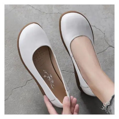 (white, 39) White Genuine Leather Ladies Breathable Summer Shoes Women Flats Slip-on Loafers Rou