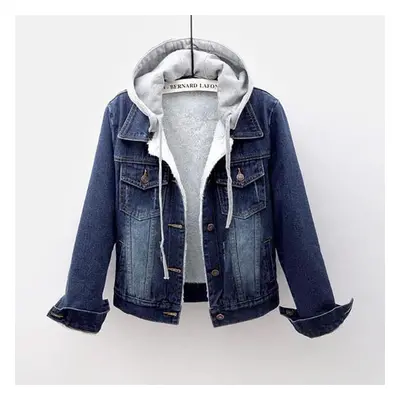 (dark blue, XL) Women&apos;s Fashion Casual Coat Long Sleeve Pocket Button Denim Plush Jacket Co