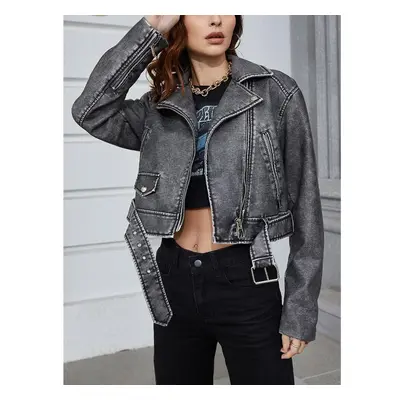 (grey, S) Spring Autumn Women Vintage Loose Pu Faux Leather Short Jacket Streetwear Female Zippe