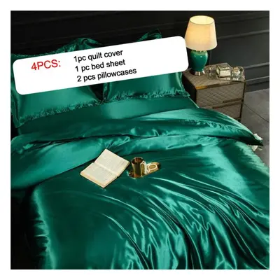 (dark green, Twin pcs) 4pcs/set Summer Smooth Nude Sleeping Silky Bedding Set Light Luxury Satin