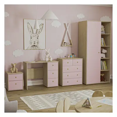 (Pink & Oak) Neptune Piece Bedroom Set Bedside Wardrobe Chest