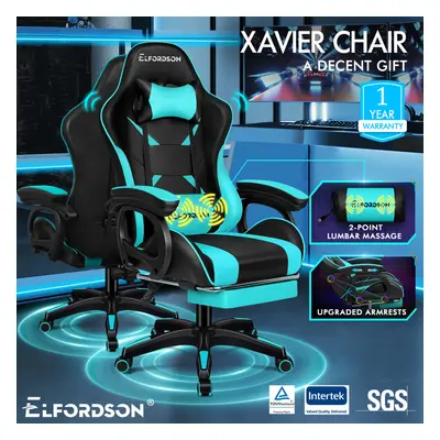 ELFORDSON Gaming Office Chair Racing Massage Computer Seat Footrest Leather Cyan