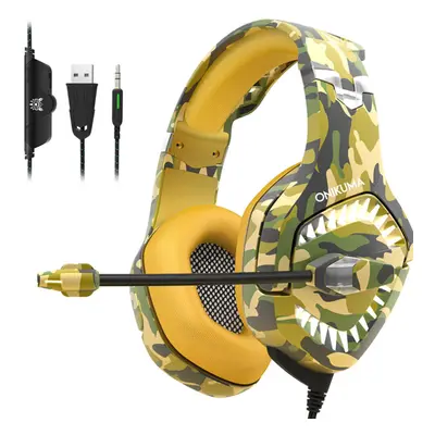 (Yellow) Camouflage Color Gaming Headset 50mm Driver Unit RGB Light Noise Reduction 3.5mm USB Po