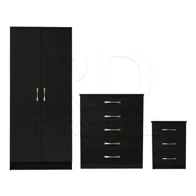 Ready assembled Pcs Classic Door Wardrobe, Chest And Bedside Set Black