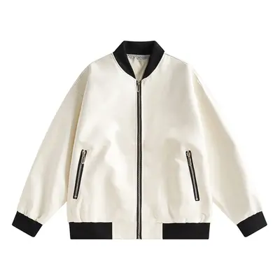 (a white, US(14)) Mens Bomber Jacket Lightweight Loose Casual Softshell Windbreaker Zip Up PU Le