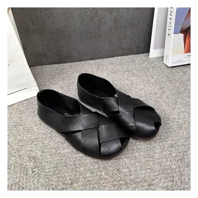 (black, 39) Johnature Retro Genuine Leather Hollow-out Women Flats Shoes Handmade Shallow Soft S