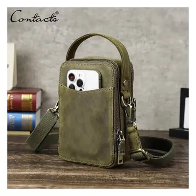 (army green) Genuine Leather Men Small Shoulder Bag Vintage Crossbody Messenger Bag With Phone A