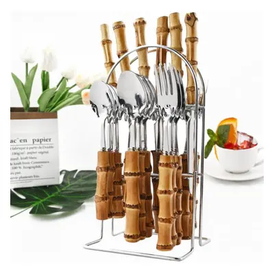 (A-bamboo handle-silver) 24pcs Natural Bamboo Handle Cutlery Set Stainless Steel Family Dinnerwa