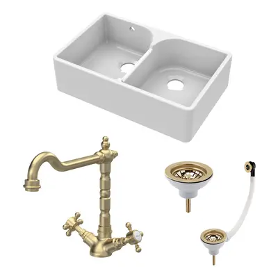 Fireclay Kitchen Bundle - Double Bowl Stepped Weir Butler Sink, Wastes & French Tap, 795mm - Bru