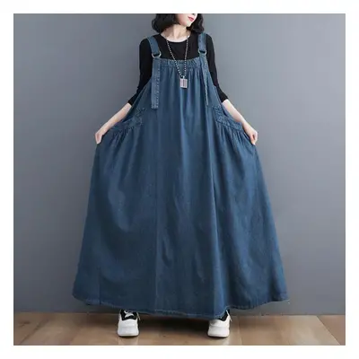 (as the picture, L) Korean Style Spring Autumn Women Oversized Denim Sundress Straps Baggy Loose