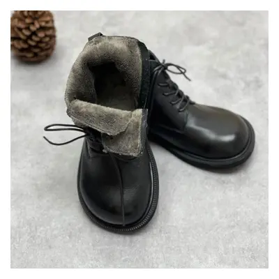 (black, 35-Plush) Johnature Genuine Leather Winter Boots Women Shoes Zip Round Toe Flat With Han