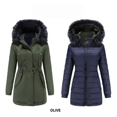 (army green, XXL) Autumn Winter Women Reversible Detachable Fur Collar Detachable Hat Quilted Wa