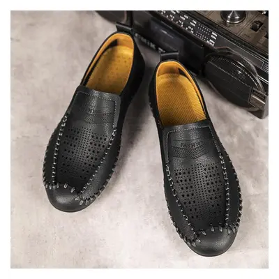 (black, 46) Men&apos;s Genuine Leather Casual Shoes Slip On Hollow Shoes Summer Large Size