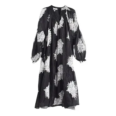 (black, One Size) Xitao Loose Print Dress Fashion Temperament Elegant Goddess Fan Women V-neck A