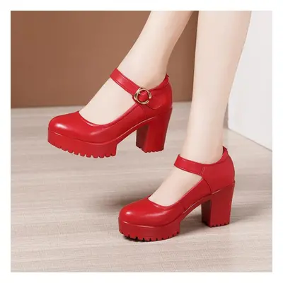 (red, 39) 8cm Spring Autumn Casual High-heeled Shoes Sexy Thick-heeled Leather Work Shoes Women 