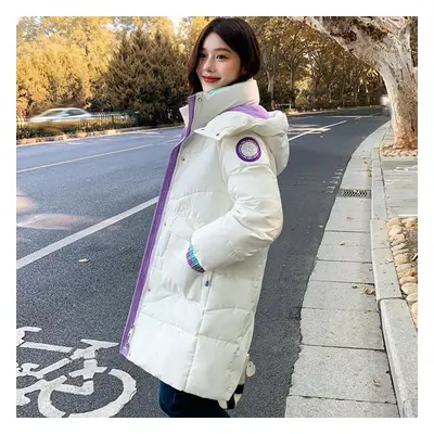 (white, L) Winter Plus Size Women&apos;s Loose Cotton Clothes Medium Long Cotton Jacket Hong Kon