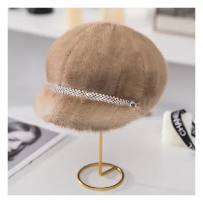 (beige, head 55-59cm) Mink Hat Female Winter Mink Fur Beret Cap Fashion Fur Mink Warm Hat