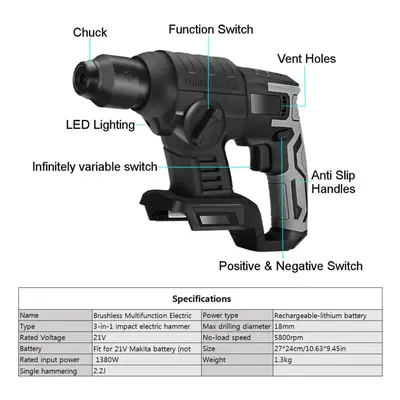 (red) 10000bpm 21v Rechargeable Brushless Cordless Rotary Hammer Drill Impact Electric Hammer Im