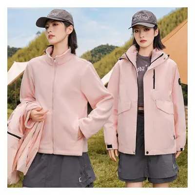 (pink, XL) Women Autumn Winter Hooded Multi-function Interchange Jacket Thicken Detachable Outwe