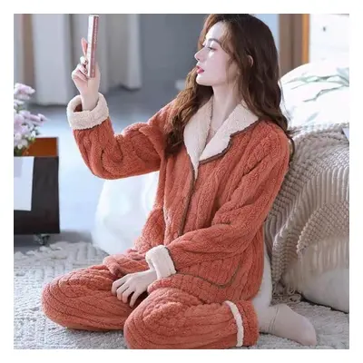 (tan, L) Thickened Coral Fleece Warm Suit Casual Outer Wear Autumn And Winter Loose Lazy Pajamas