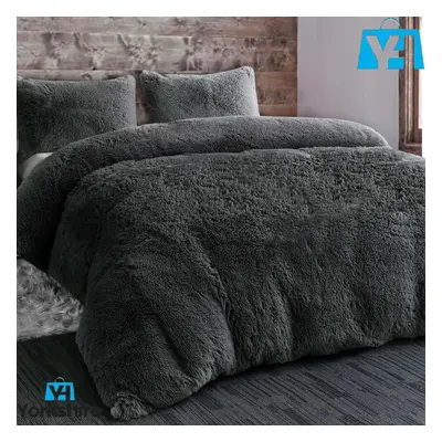 (Double, Charcoal) Long Pile Teddy Fleece Duvets Quilts Cover Set Warm Fluffy Bedding Pillow Cas