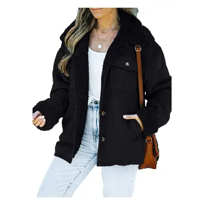 (black, XL) Chase Secret Corduroy Sherpa Jacket for Women Button Down Fleece Collar Winter Warm 