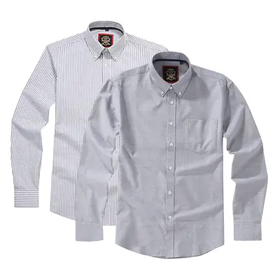 (Cool Grey, 2XL) Mens Long Sleeve Oxford Shirt. Pack of 2, Plain & Strips Shirts, The Oxford But