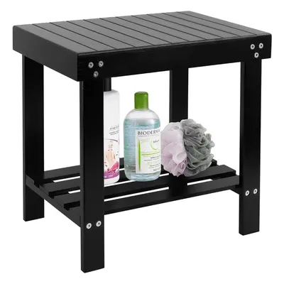 (Black) Bamboo Spa Bench Wood Seat Stool Foot Rest Shaving Stool with Non-Slip Feets Storage She