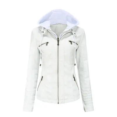 (white, 3XL) Women Spring Autumn Hooded Two Piece Removable Large Size Pu Washed Leather Jacket 