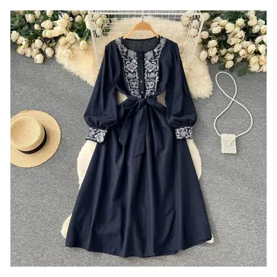 (navy blue, One Size) Bohemian Ethnic Wind Heavy Embroidery Retro Waist Cotton Linen Vacation St