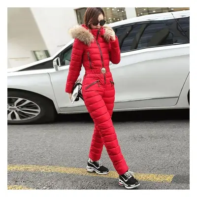 (red, M) One Piece Ski Suit Women Jackets Winter Fur Collar Hooded Parka Jumpsuit Cotton Bodysui