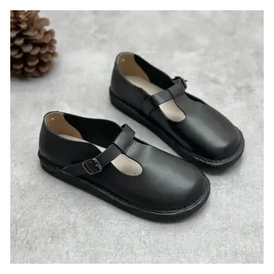 (black, 36) Johnature Vintage Handmade Genuine Leather Flats Shoes Round Toe Comfortable Soft So