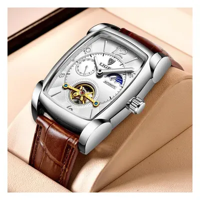 (silver,white) Lige Original Men Watch Fashion Casual Leather Strap Automatic Mechanical Watch L