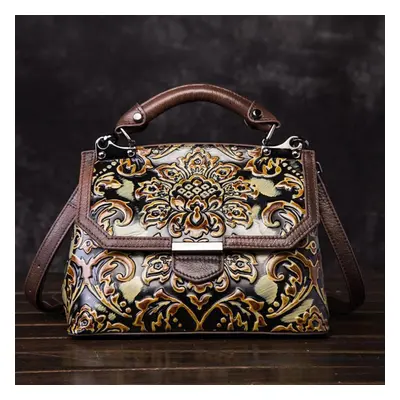 (apricot, 26cm*13cm*20cm) Genuine Leather Handbags Flower Embossing Vintage Shoulder Bags For Wo