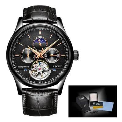 (Black Gold) Lige Leather Strap Automatic Men Wrist Watch