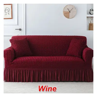 (wine red, Four persons 235-300cm) Ruffled Seersucker Sofa Cover For Living Room Thick Elastic S