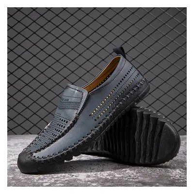 (blue, 46) Men&apos;s Genuine Leather Casual Shoes Slip On Hollow Shoes Summer Large Size