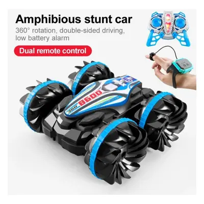 (Handle + Gesture RC, Blue) Dual Mode Remote Control Stunt Amphibious Car