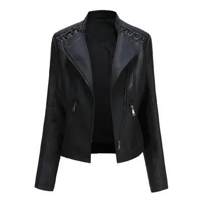 (black, XXL) Women Fashion Lace-up Leather Jacket Slim Fit Spring Autumn Motorcycle Jacket Zippe