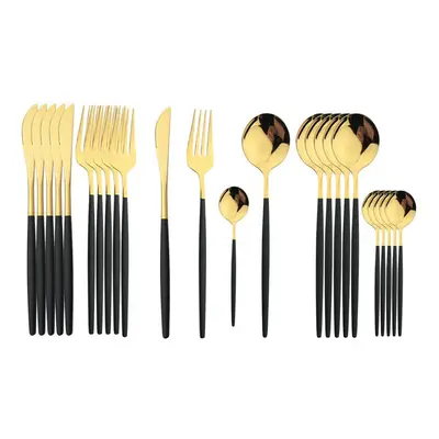 (black,gold, 24pcs) 24pcs Black Handle Golden Cutlery Set Stainless Steel Knife Fork Spoon Table