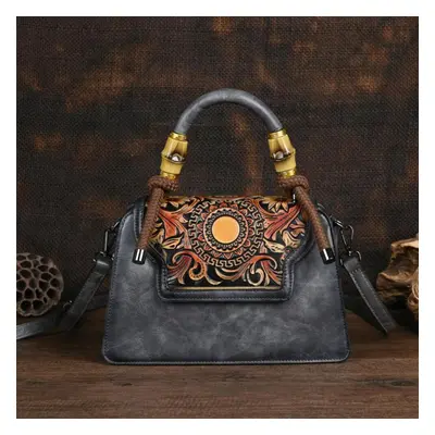 (gray) Johnature Vintage Handmade Embossed Women Leather Bag Luxury Handbag Versatile Female Sho