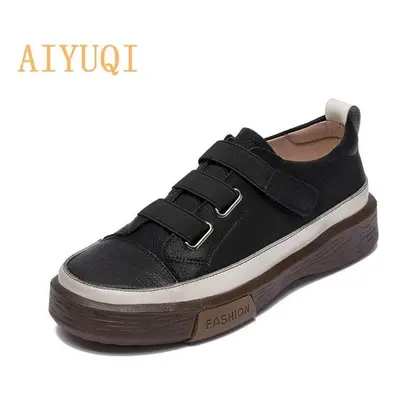 (black, 39) Women&apos;s Vulcanized Shoes Flat New Genuine Leather Women&apos;s Sneakers Retro L