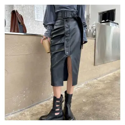 (black, XL) Sexy And Chic Leather Skirt For Women With High Waist Side Split Skirts