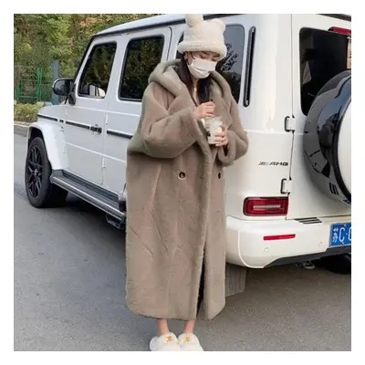 (khaki, 3XL) Oversized Faux Fur Coat Women Winter Long Plush Jacket Fluffy Overcoat Female Hoode