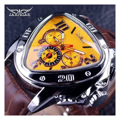 (gold) Jaragar Sport Racing Design Geometric Triangle Pilot Genuine Leather Men Mechanical Watch