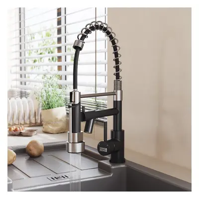 (Chrome + Black) Stainless Steel Kitchen Faucet with Pull Down Spring Spout and Pot Filler