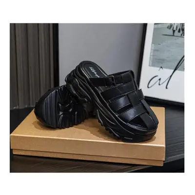 (black, 39) Fujin 7cm New Weave Microfiber Leather High Brand Hollow Platform Wedge Comfy Ladies