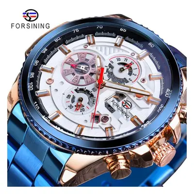 (bright cerulean) Forsining2022 New Three-disc Sports Automatic Mechanical Strap Calendar Men&ap